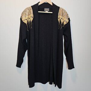Focus Vintage Gold Studded Gothic Leopard Black Cardigan Sweater Large‎